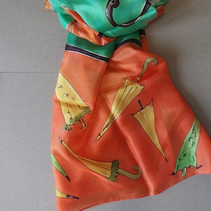 Silk Scarf Women | Bright summer hand painted foulard | Umbrella silk shawl | Orange green scarves | Unique handmade gifts her