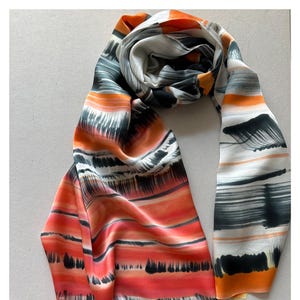 Hand-Painted Satin Scarf | Abstract Brushstroke Design | Monochrome Grey & Bold Red-Orange | French Art-Inspired Wrap