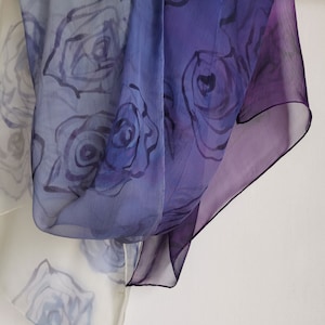 100% Pure Silk Chiffon Scarf Hand Painted | Roses Scarf in Lavender Gradation | Lightweight scarf | Neck scarf, Abstract Painting,