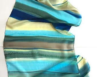 Silk scarf- Sandy Stripes Hand painted silk scarf Long fashion scarf Blue scarves Lightweight silk shawl Wedding accessory Gift for mom OOAK