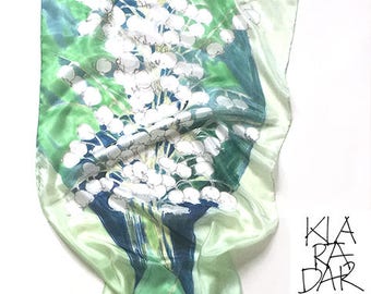 Silk Scarf Lily of The Valley/ Hand painted scarf/ Denim blue shawl/ Spring floral scarf handpainted. Luxury scarf/ Birthday gifts for her