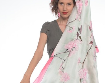 Sakura Silk Satin Shawl: Hand-Painted Cherry Blossom Scarf
