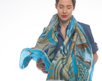 Striped silk scarf hand painted | Designer Scarves | Blue silk shawl | Unique gifts for women | Wedding shawl geometric | Xmas gift Mum