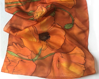 Tangerine Poppies Silk Scarf/ Hand painted scarf shawl/ Burnt Orange long fashion scarf/ Hand made scarf/ Floral scarf Christmas gift mom