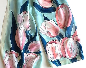 Tulips Silk Scarf hand painted, Spring fashion, Luxury scarves Unique gifts for woman | Mothers Day gift | Gift for Mum