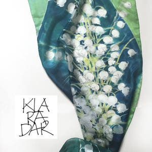 Silk Scarf Lily of The Valley | Hand painted silk shawl | Floral scarf handpainted. Luxury gift women | Wedding shawl Birthday gifts for her