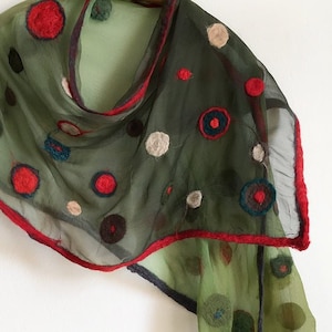 Felted scarf in green red gradation, Long Silk chiffon scarf with felted dots, Wool Women scarves, Christmas gift mom, Unique handmade gift