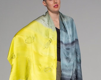 Extravagant Silk Shawl, Bright Yellow Feathers Scarf, Hand Painted Silk Scarf, Evening Wrap, Gray Outfit, Feathers, Mothers Day gift