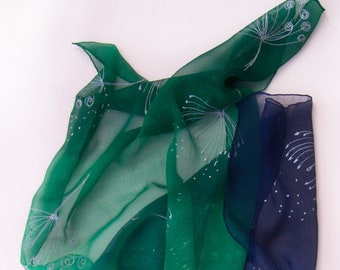 Silk chiffon scarf- Dandelions dance. Hand painted scarf Blue green shawl Summer fashion Bridesmaids gifts Lightweight scarf Birthday gift