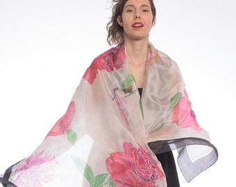 Hand-Painted Silk Scarf, Pink Peonies Floral Shawl