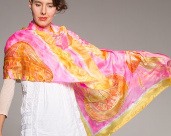 100% Hand painted silk shawl | Neon Jellyfish Pink Yellow scarf | Bright summer shawl | Silk Pareo | Luxury Shawl | Mothers Day gift Unique