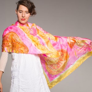 100% Hand painted silk shawl | Neon Jellyfish Pink Yellow scarf | Bright summer shawl | Silk Pareo | Luxury Shawl | Mothers Day gift Unique