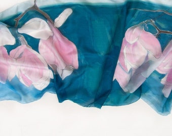 Hand Painted Silk Scarf, Pink Magnolia Floral, Blue Palette