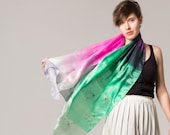 Hand painted silk Scarf- Neon Breeze, Silk Satin shawl ombre Wedding scarf, Pink Bridal shawl Decorative scarves Christmas gift her