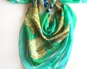 Hand-Painted Silk Scarf: Golden Seashells, Grass Green Crepe de Chine