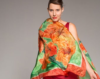 Christmas gift for women, Floral hand painted silk scarf in green & red