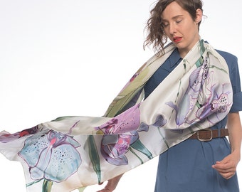 Hand Painted Silk Satin Scarf: Purple Orchids, Bridal Shawl, Mothers day gift