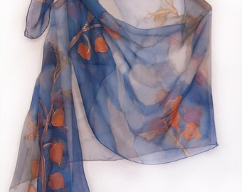 Silk Chiffon Scarf Winter Cherry Brunches, Long Neck Blue Scarves, Hand Painted Shawl, Botanical Painting, Lightweight Foulard, Mothers Day