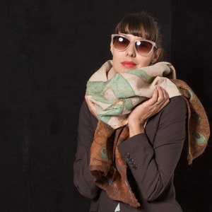 Felted scarf- Mint Orchids/ Reversible Felted scarf, Double sided floral shawl, Wool Winter scarf, Christmas gift mom, Art to wear