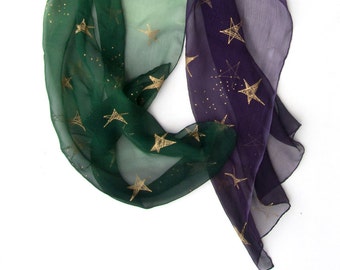 Night Stars Silk Scarf Hand painted, Golden Stars Silk Chiffon Scarf, Celestial Green Purple Long shawl, Mother's Day gift OOAK Handmade