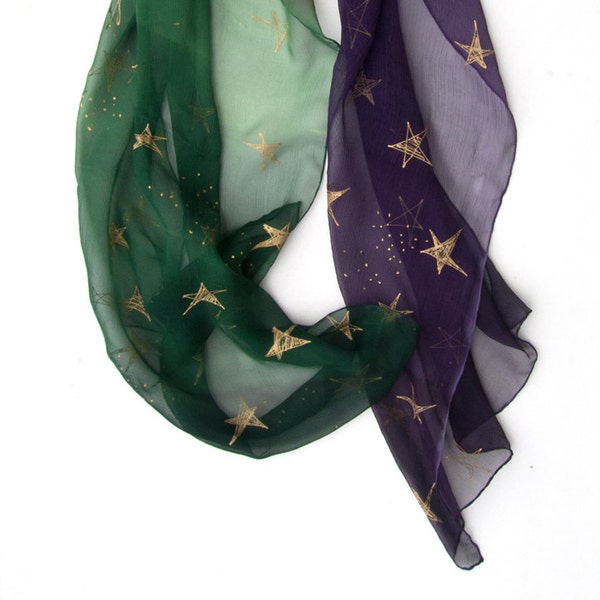 Night Stars Silk Scarf Hand painted, Golden Stars Silk Chiffon Scarf, Celestial Green Purple Long shawl, Mother's Day gift OOAK Handmade