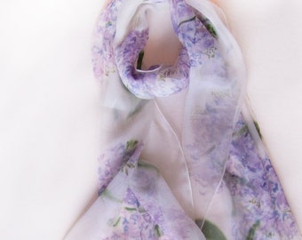 Hand painted silk chiffon scarf-The Lilacs. Floral Handpainted scarves. Lightweight scarf OOAK. White Silk Chiffon Shawl, Woman accessory