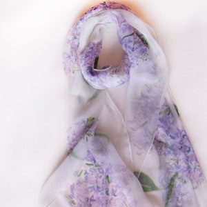 Hand painted silk chiffon scarf-The Lilacs. Floral Handpainted scarves. Lightweight scarf OOAK. White Silk Chiffon Shawl, Woman accessory