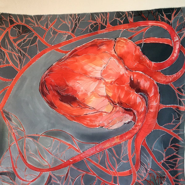 Châle en soie pour système cardio-vasculaire, écharpe peinte à la main pour angiographie coronarienne, cadeau de cardiologue, oeuvre d'art de coeur, collection rare, peinture de cardiologie sur soie