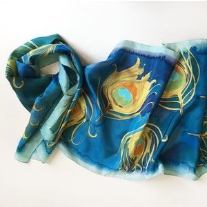 Golden Peacock Feathers Scarf/ Hand painted silk scarf/ Blue ocher scarf art deco style/ Unique handmade scarf/ Luxury gift mom Xmas gift