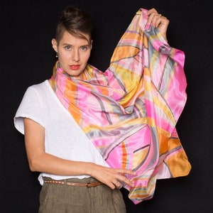 100% Pure Silk Shawl | Neon Pink Striped Scarf Hand Painted | Silk Scarf Woman in Geometry Style | Minimalist | Hot Pink Accessory Xmas gift