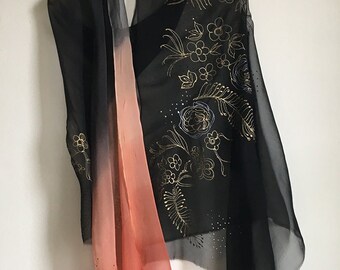 Wedding shawl, Hand painted silk chiffon scarf in black to bittersweet gradation. Decorative scarf, Oversized shawl, Mother of groom shawl