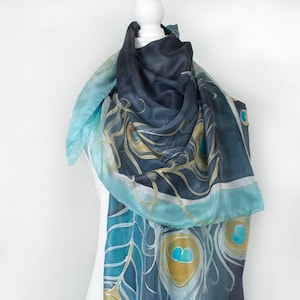 Birthday Gift for Mom from Daughter | Navy Feathers Hand painted Silk shawl | Peacock feathers | Christmas gift for Women | Luxury scarves