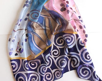 Hand painted silk scarf, Evening shawl in Art Deco style, Purple Silk Scarf, Woman fashion, Lavender Shawl painted, Christmas gift mom