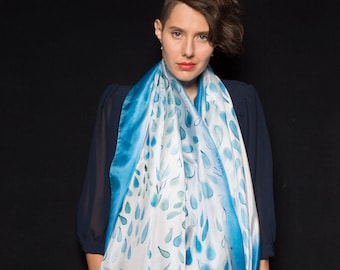 Silk Scarf- Sapphire Raindrops. Hand painted scarf/ Light Blue Silk Shawl/ Silk painting/ Transitional scarves/ Unique handmade gifts