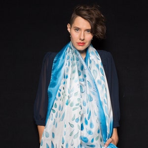 Silk Scarf- Sapphire Raindrops. Hand painted scarf/ Light Blue Silk Shawl/ Silk painting/ Transitional scarves/ Unique handmade gifts