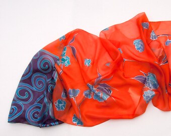 Hand Painted Silk Scarf: Scarlet Red Sakura Blossoms, Art Deco Shawl