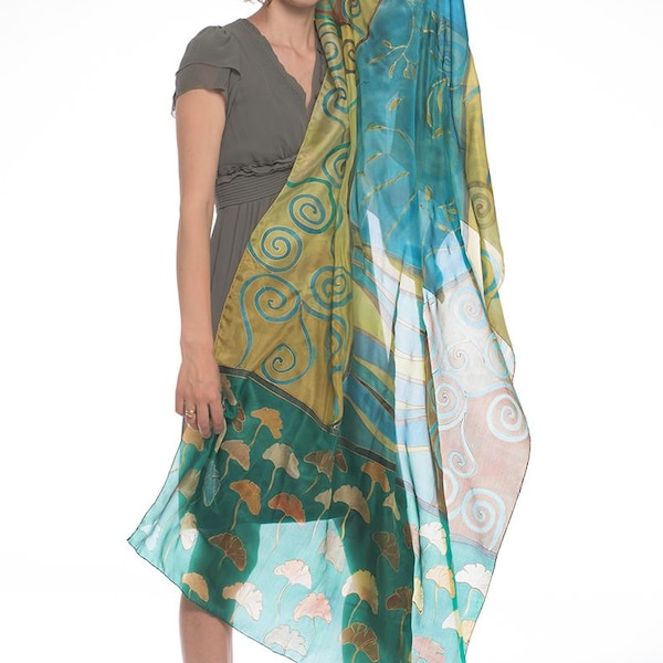 Hand Painted Silk Shawl, Klimt Inspired Art Wear, Green Orange Blue Wrap 90x180cm