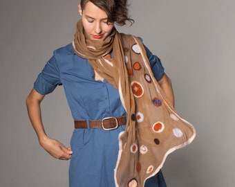 Camel felted scarf. Nuno felt scarf. Geometric Silk chiffon scarf. Fall fashion scarf with orange blue grey dots, Wool  scarf, Merino wool