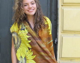 Hand painted silk scarf- Sunflowers scarf- Fall fashion, Floral shawl, Silk shawl wrap, Silk Scarf painted in earthy ocher and yellow