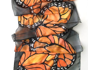 Hand painted silk scarf- Coral Butterflies Wings Dark gray shawl painted Woman fashion scarf Butterfly scarves Wedding accessory Wings scarf