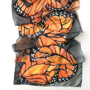 Hand painted silk scarf Coral Butterflies Wings Dark gray shawl painted Woman fashion scarf Butterfly scarves Wedding accessory Wings scarf image 1