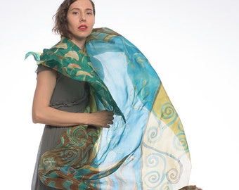 Hand painted silk scarf- Mustard Ghost, Klimt inspired | Green Aqua foulard | Designer scarves | Botanical scarf | Wedding | Xmas gift women
