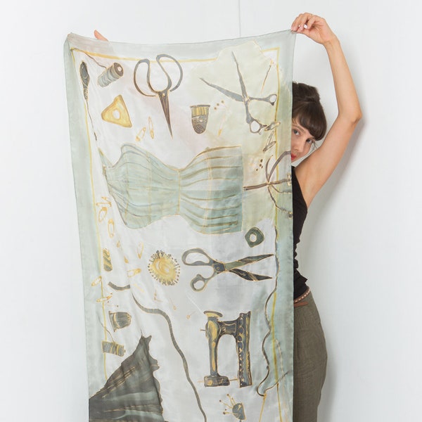 Hand Painted Silk Scarf, Tailoring Tools Motif, Elegant Shawl (35x70 inches), Designed by Klaradar