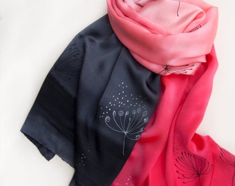 Ruby Red Silk Satin Shawl with silver dandelions/ Luxury scarf painted | Mothers Day gift