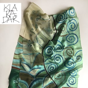 Hand painted silk scarf Teal Spirals. Long multicolored scarf in aqua and turquoise/ Pine green decorative scarf, Klimt scarf, Gift for her image 2