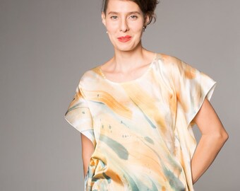 Hand Painted Silk Satin Blouse. Abstract painted Top. Blue Grey ocher blouse. Summer top handpainted/ Silk Satin handpainted top