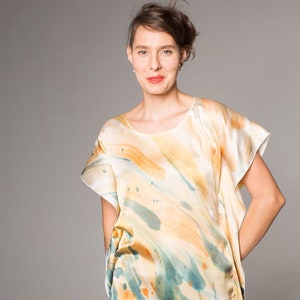 Hand Painted Silk Satin Blouse. Abstract painted Top. Blue Grey ocher blouse. Summer top handpainted/ Silk Satin handpainted top image 1