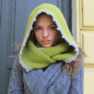 Lime Green Hooded Scarf/ Pom Pom winter rounded scarf/ Crochet Hood Infinity Wool Scarf/ Cowl Winter Accessories/ Hooded Cowl Handmade scarf image 2