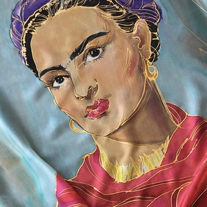 100% Pure Silk Scarf Hand Painted, Frida Kahlo with Red shawl, Frida art lovers, Bridal shawl, OOAK Mom Birthday Gift Artistic woman gift image 3