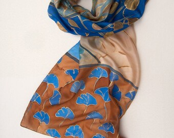 Hand Painted Silk Scarf Ginkgo Leaves. Decorative shawl in cobalt and brown, Luxury long scarf, Botanical scarves, Silk painting by Klaradar